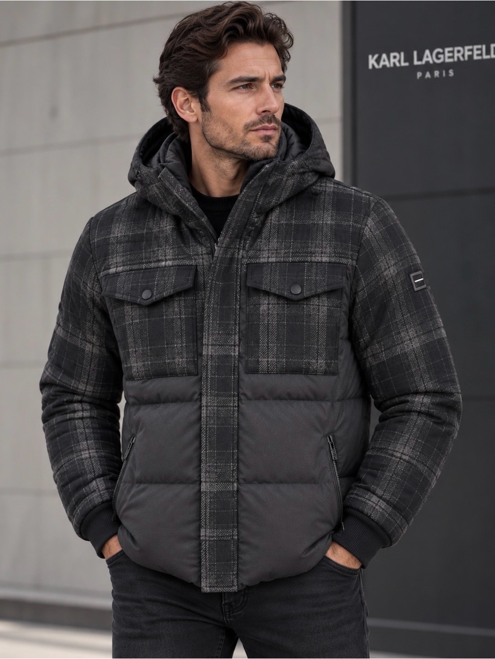 Karl Lagerfeld Paris Mens Mixed Media Plaid Hooded Puffer Jacket M NWT